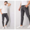 Szare spodnie jeans slim fit w stylizacji z t-shirtemm i adidasami